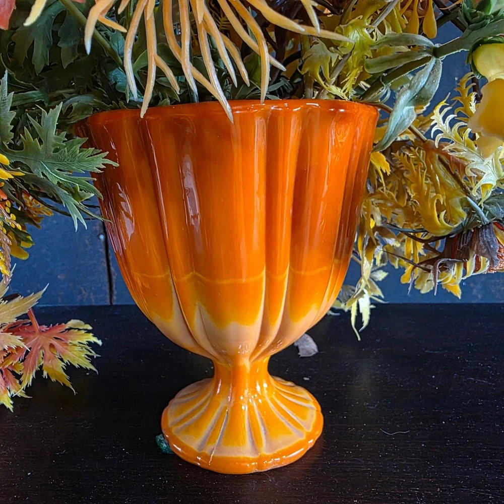 60s Plastic Flower Power Arrangement Orange Autumn Groovy in Slag Glass Vase